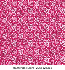 Patrón sin inconvenientes con varios corazones blancos y manchas en fondo rosado