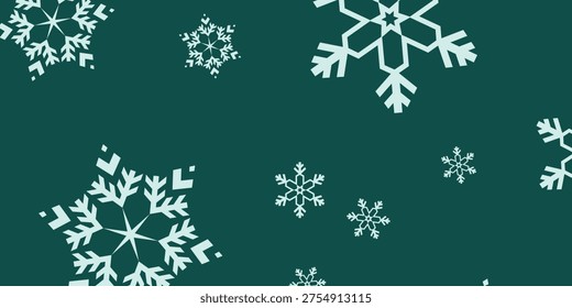 A seamless pattern of various white snowflakes against a deep green backdrop, evoking a sense of winter, holidays, and cold weather.