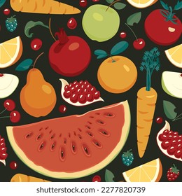 Nahtloses Muster mit verschiedenen Früchten, Beeren, Gemüse und in Scheiben geschnittenen Früchten. Sommervektorhintergrund mit saftigen Früchten, geeignet für Tapete, Wickelpapier, Stoff, Textilien, Design.