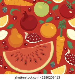 Seamless pattern with various whole and sliced fruits, berries, vegetables. Summer vector background with juicy fruits, suitable for wallpaper, wrapping paper, fabric, textile, design.
