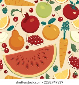 Seamless pattern with various whole and sliced fruits, berries, vegetables. Summer vector background with juicy fruits, suitable for wallpaper, wrapping paper, fabric, textile, design.