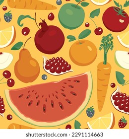 Patrón sin foco con frutas enteras y en rodajas, bayas, verduras. Fondo vectorial de verano con frutos jugosos, adecuado para papel de pared, papel de envoltura, tela, textil, diseño.