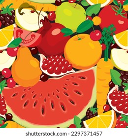 Seamless pattern with various whole and sliced fruits, berries, vegetables. Summer vector background with juicy fruits, suitable for wallpaper, wrapping paper, fabric, textile, design.