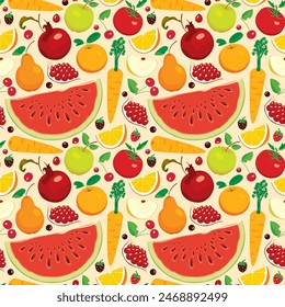 Seamless pattern with various whole and sliced fruits, berries, vegetables. Summer vector background with juicy fruits, suitable for wallpaper, wrapping paper, fabric, textile, design.