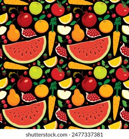 Seamless pattern with various whole and sliced fruits, berries, vegetables. Summer vector background with juicy fruits, suitable for wallpaper, wrapping paper, fabric, textile, design.