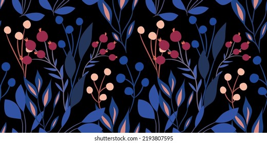 Seamless pattern with various wild forest berries, leaves on a black background. Colorful berry bunches print for textiles, wallpaper, interior desig. Vector illustration in a simple hand-drawn  style