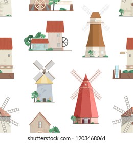 Seamless pattern with various windmills on white background. Backdrop with mills with rotating sails or blades. Colorful vector illustration in flat cartoon style for wrapping paper, wallpaper.