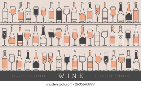 Seamless pattern with various wine glasses and bottles. Wine showcase background. Restaurant menu design. Vector illustration