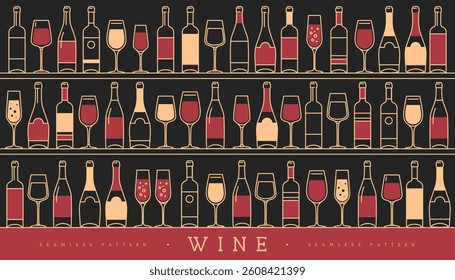 Seamless pattern with various wine glasses and bottles. Wine showcase background. Restaurant menu design. Vector illustration
