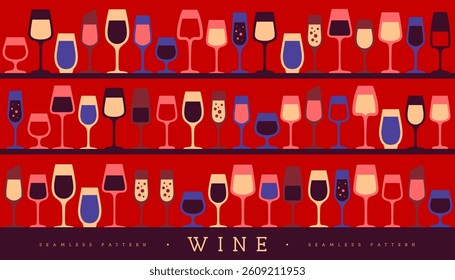 Seamless pattern with various wine glasses. Wine showcase background. Restaurant menu design. Vector illustration