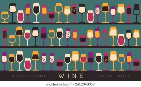 Seamless pattern with various wine glasses. Wine showcase background. Restaurant menu design. Vector illustration