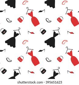 Seamless pattern with various  women's clothing, shoes and accessories black and red colors on the white background