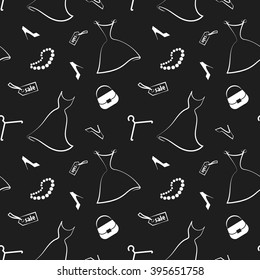 Seamless pattern with various  women's clothing, shoes and accessories white color on the black background