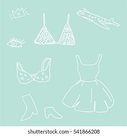 Seamless pattern with various women's clothing, shoes and accessories white on the mint background