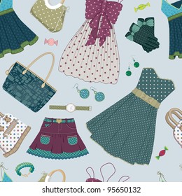 Seamless pattern with various  women's clothing, shoes and accessories mainly in green and blue colors