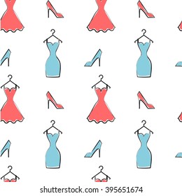 Seamless pattern with various  women's dresses and shoes of pink and blue colors on the white background