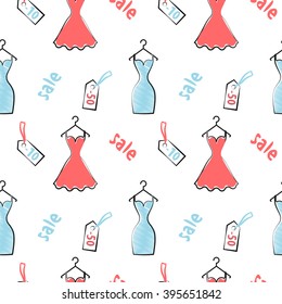 Seamless pattern with various  women's dresses  of pink and blue colors on the white background