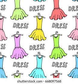 Seamless pattern with various women's dresses of bright colors on a hanger on the white background