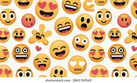 Seamless pattern of various yellow emoji faces showing different emotions like happiness love and surprise for social media themes.