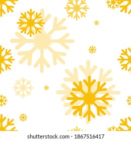 Patrón sin foco con varios copos de nieve azules sobre un fondo amarillo para impresiones de moda, telas, papel envolvente, camisetas, lino. Ilustración vectorial.