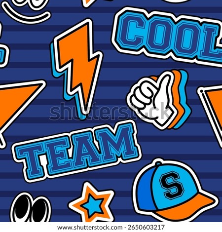 Seamless pattern with varsity-style patches on dark blue stripes.  Playful and energetic design with a sporty attitude.
