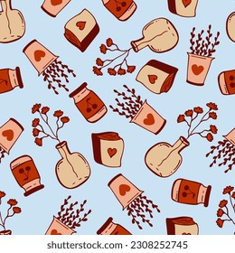 Seamless pattern with a vase, a book, a jar of jam and a flower pot. Hygge time. Light blue background. Hand drawn in doodle style. 