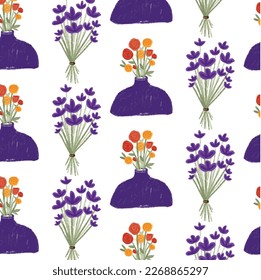 Seamless Pattern Vase of Flowers Design. Flower bouquet. Rose and lavander flower print design. Perfect for fabric, textile, fashion, wallpaper, etc.