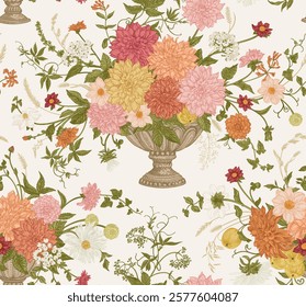 Seamless pattern with a vase and flowers. Floral arrangements with flowers, berries, cereals, herbs. Vintage colorful background. 