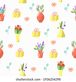 Seamless pattern with vases of flowers and gifts