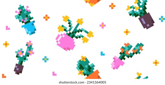 Seamless pattern, Vases with flowers in pixel art style. Houseplant print. Vector illustration in retro style, computer games from the 90s, 2000s.