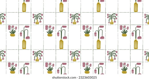 Seamless pattern vases with flowers in retro style. Vector illustration in a flat style.