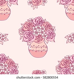 Seamless pattern with vases and flowers  for textile, wallpapers, scrapbook. Vector illustration.