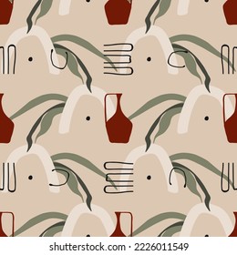 Seamless pattern. Vases, leafs and abstract elements. Boho style.