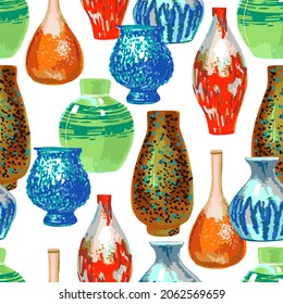 Seamless Pattern Vases multicolored Different shapes vector
