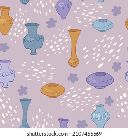 Seamless pattern with vases on a soft lilac background. Elegant flower vessels on a background of paint spots. In the doodle style. For wallpaper, gift paper, textiles. vector illustration.