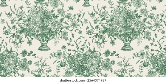 Seamless pattern with vases in toile aesthetics. Floral arrangements with flowers, berries, cereals, herbs, apples. Vintage festive background. Green.