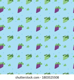 Vectora de patrón sin soldadura con uvas de fondo azul, uvas verdes y violetas de patrón sin soldadura 