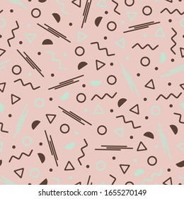 Seamless pattern vector of 80's memphis style with pastel colored geometric shapes and pink background