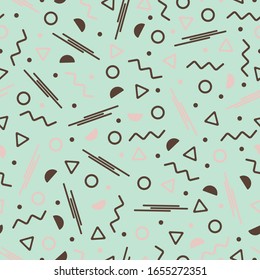 Seamless pattern vector of 80's memphis style with pastel geometric shapes and mint green background