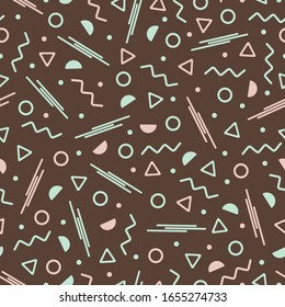 Seamless pattern vector of 80's memphis style with pastel colored geometric shapes and chocolate brown background