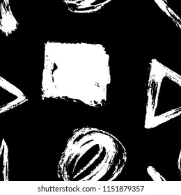 Seamless pattern. Vector abstract background. Black and white. Hand drawn geometric illustration with circles triangles squares and crosses. Sketch brush strokes.