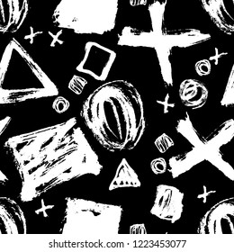 Seamless pattern. Vector abstract background. Black and white. Hand drawn geometric illustration with circles triangles squares and crosses. Sketch brush strokes.