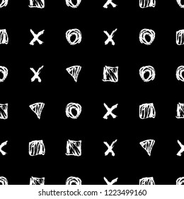 Seamless pattern. Vector abstract background. Black and white. Hand drawn geometric illustration with circles triangles squares and crosses. Sketch brush strokes.