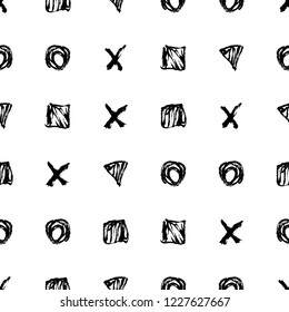 Seamless pattern. Vector abstract background. Black and white. Hand drawn geometric illustration with circles triangles squares and crosses.