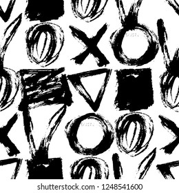 Seamless pattern. Vector abstract background. Black and white. Hand drawn geometric circles triangles squares and crosses. Sketch brush strokes.