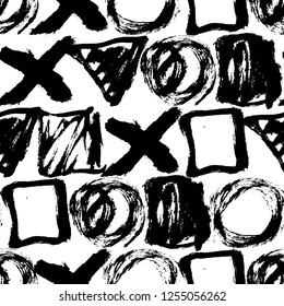 Seamless pattern. Vector abstract background. Black and white. Hand drawn geometric circles triangles squares and crosses. Sketch brush strokes.