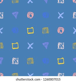 Seamless pattern. Vector abstract background. Hand drawn geometric illustration with circles triangles squares and crosses. Sketch brush strokes.