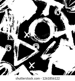 Seamless pattern. Vector abstract background. Black and white. Hand drawn geometric illustration with circles triangles squares and crosses. Sketch brush strokes.