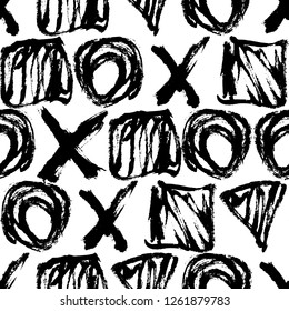 Seamless pattern. Vector abstract background. Black and white. Hand drawn geometric illustration with circles triangles squares and crosses. Sketch brush strokes.