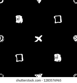 Seamless pattern. Vector abstract background. Black and white. Hand drawn geometric illustration with circles triangles squares and crosses. Sketch brush strokes.
